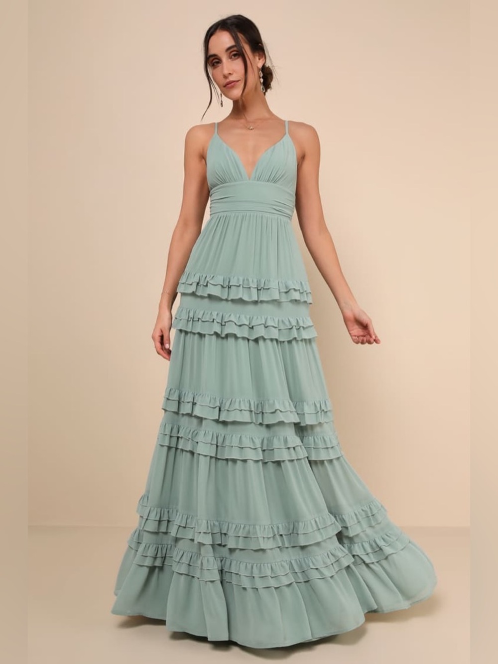 Lulus Lavish Perfection Sage Green Ruffled Tiered Maxi Dress Size Medium Formal